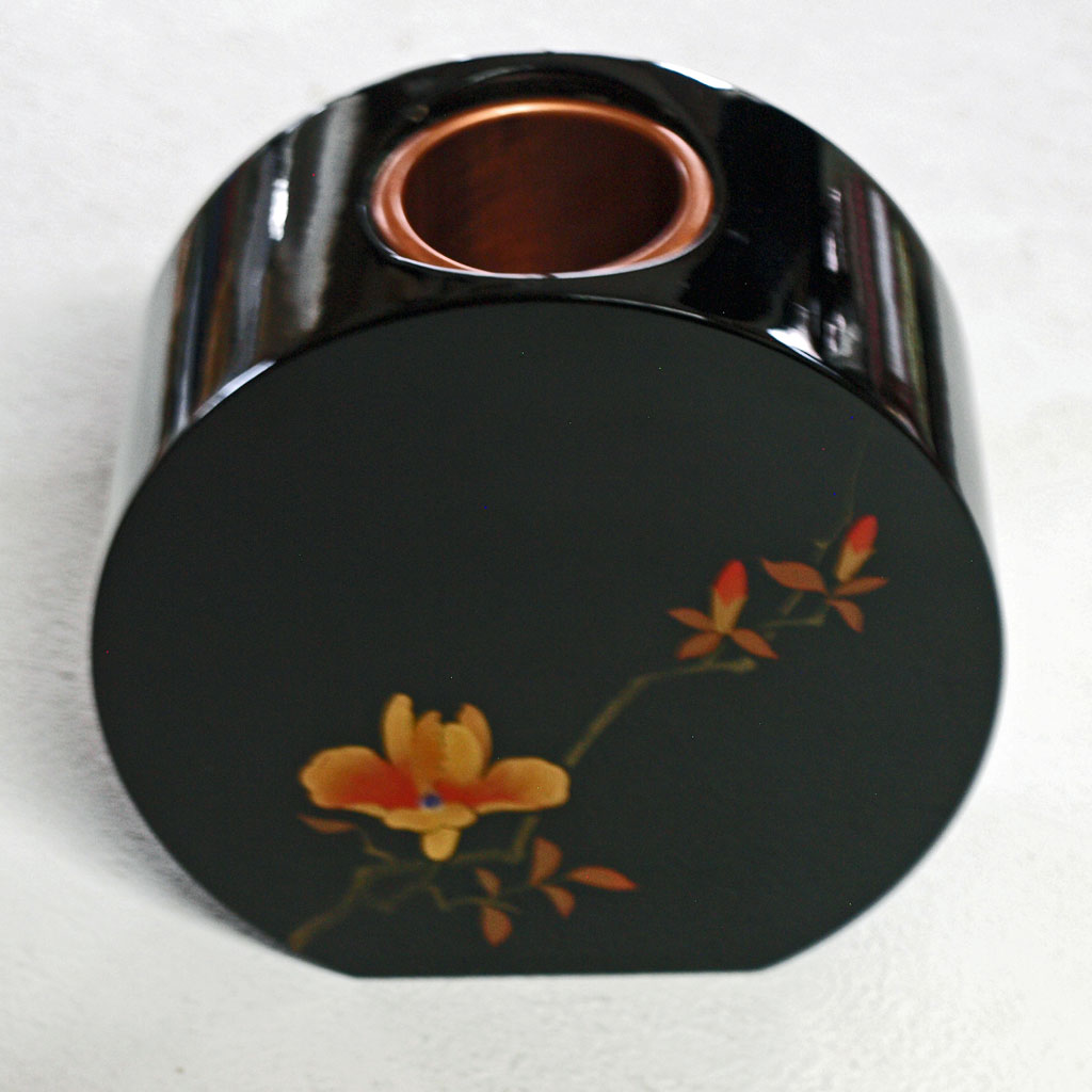 花器・木製漆塗り/黒塗/木蓮金彩蒔絵/落とし赤(銅)・小傷