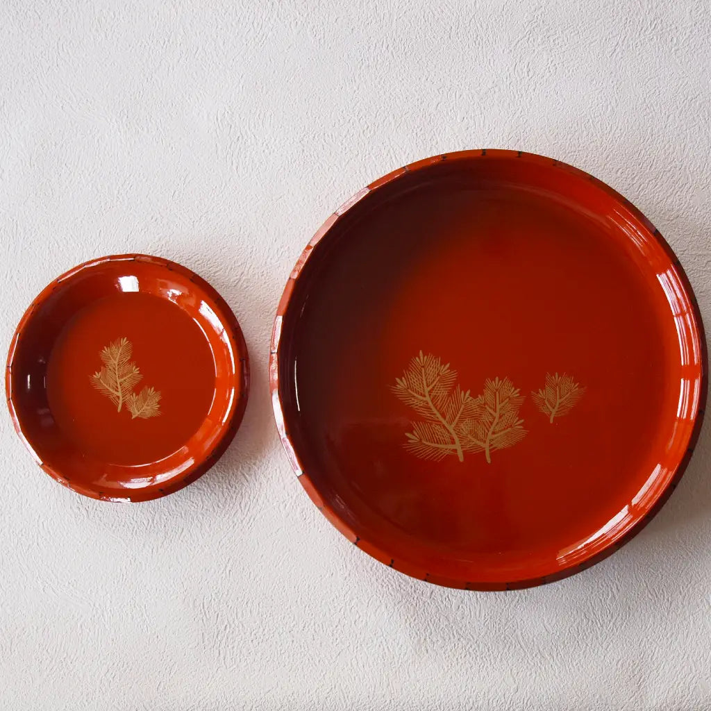 菓子器・盛器/銘々皿5枚set・根来塗・金松葉絵付・昭和レトロ
