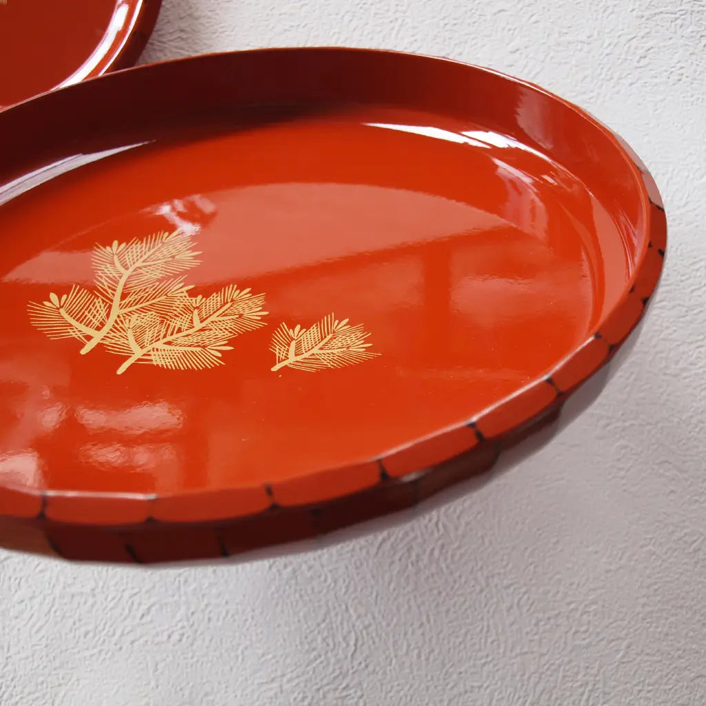 菓子器・盛器/銘々皿5枚set・根来塗・金松葉絵付・昭和レトロ