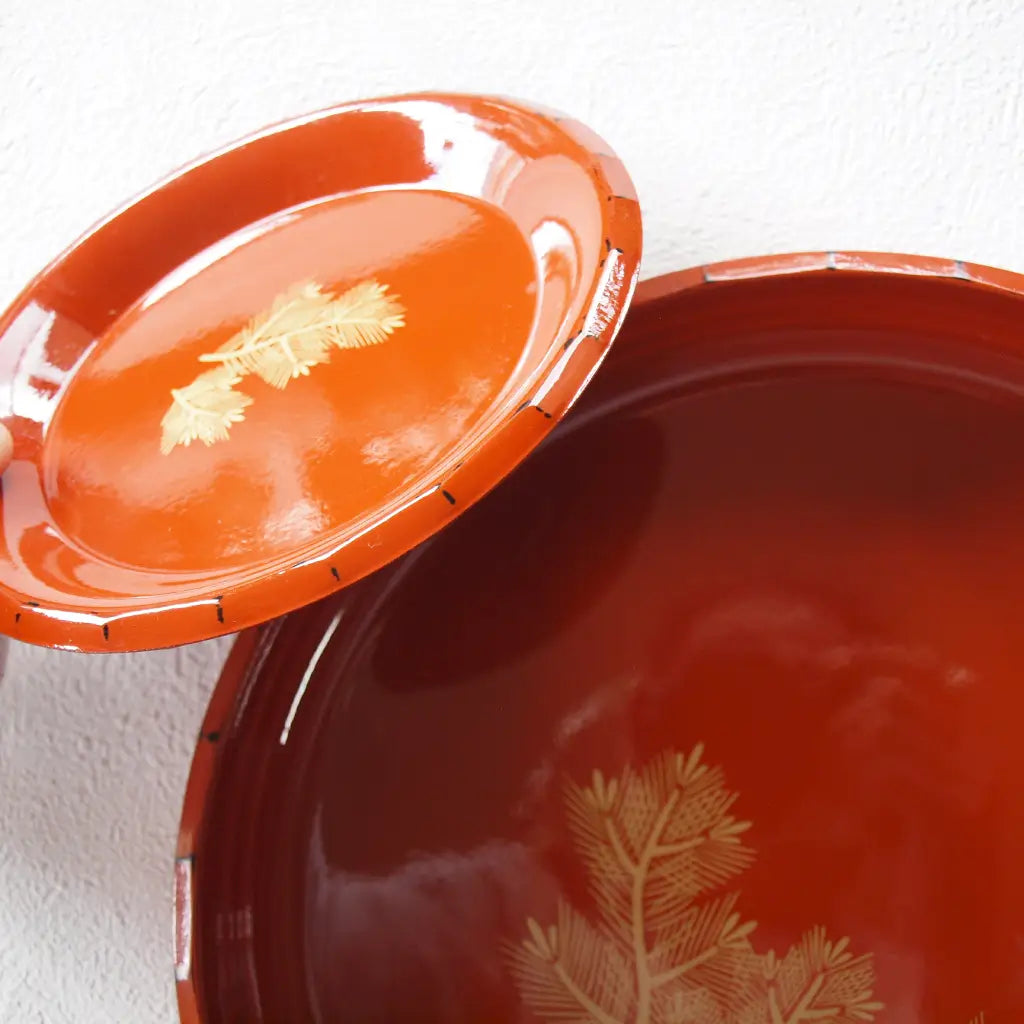 菓子器・盛器/銘々皿5枚set・根来塗・金松葉絵付・昭和レトロ