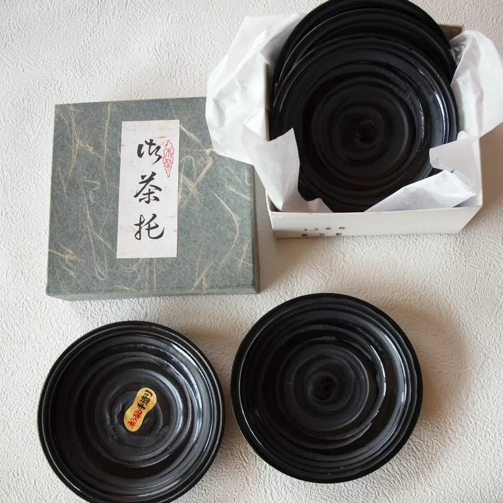 茶托/手塩皿・天然木漆塗り・象谷彫・4寸・5枚/set