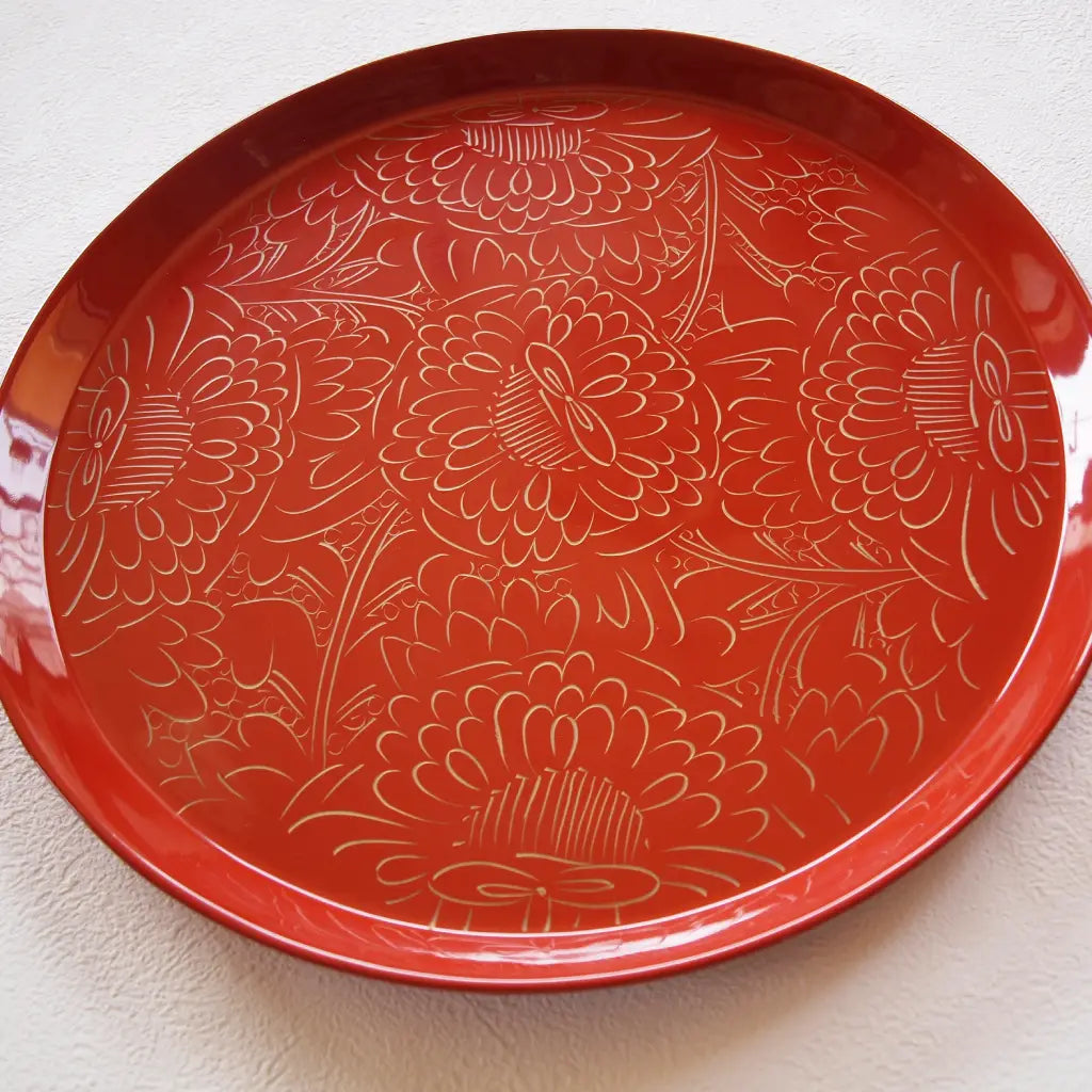 木曽漆器・盛盆・羽反り・朱牡丹彫り・木製漆塗り・尺盆