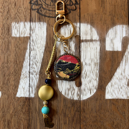 駿河三景・旅の標（しるべ）。和紙バッチ・皿カン古金美の引き写真　富士山　三保の松原　根付金などの飾り付き