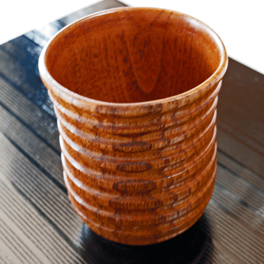 湯呑み・天然木製・茶器・横筋彫り・teacup