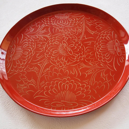 木曽漆器・盛盆・羽反り・朱牡丹彫り・木製漆塗り・尺盆